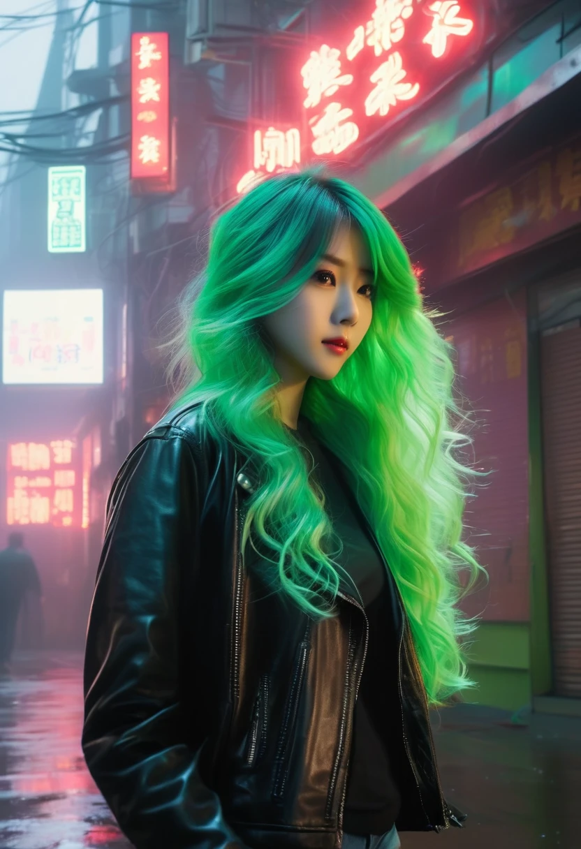 young asian woman, long curly mint hair, light green hair, black leather jacket, black t-shirt, blue jeans, white sneakers, foggy night asian street, neon green signs on the buildings around her; misty atmosphere, casting an ethereal glow that illuminates the woman and the surroundings