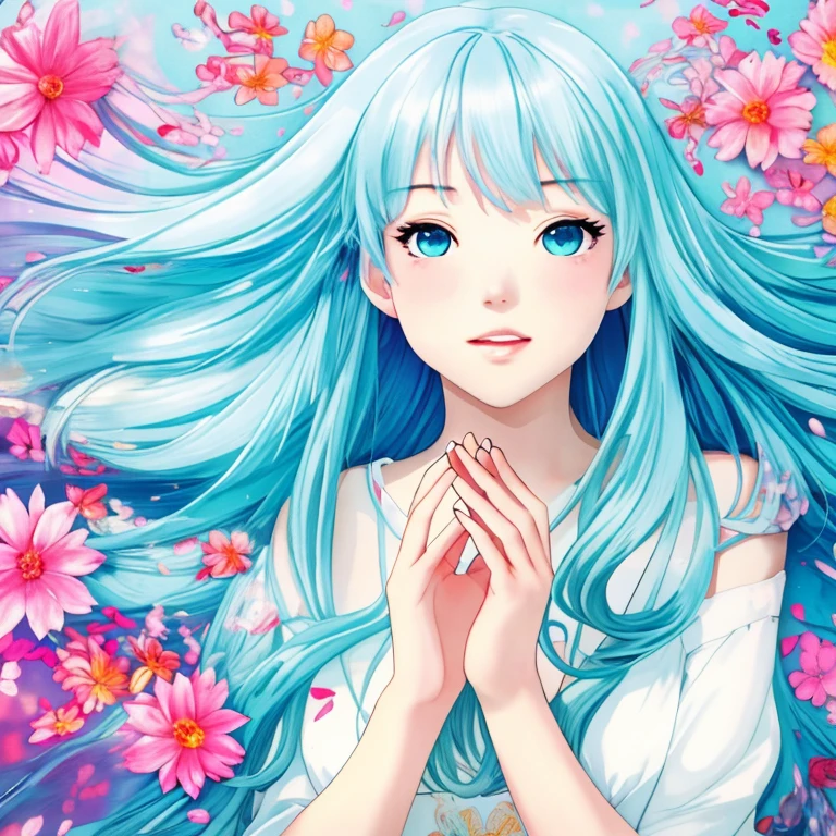 cute girl singing like praying, to sky, with ferret Clear, glassy eyes,Flower, bold and strong line drawing, vivid acrylic painting, vivid thick paint, vivid, plain background, beautiful proof, highest resolution 8K, beautiful anime girl that is betrayeded by a ferret, hair is short, ferret, Beautiful lightcyan high lights in her beautiful kind eyes, background is twinkle,Beautiful girl with a loose airy bright colorful hair with diamond high lights,Transparent dress, ,thick aquarelle colors,colorful,honeydew and diamond, lightcyan and white and light Effects,wallpaper,architecture,High quality, high image quality, great amount of drawing,pixiv illustration, transparency, Japanese anime,upper body,white tone, delicate brushwork,distinct color,