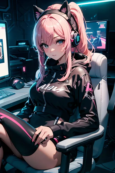 Highest image quality, outstanding details, ultra-high resolution, the best illustration, favor details, highly condensed, in gaming actions, Gamer girl, in game, the girl is playing game party, the girl is gaming shooting game on a computer, 1girl with lo...