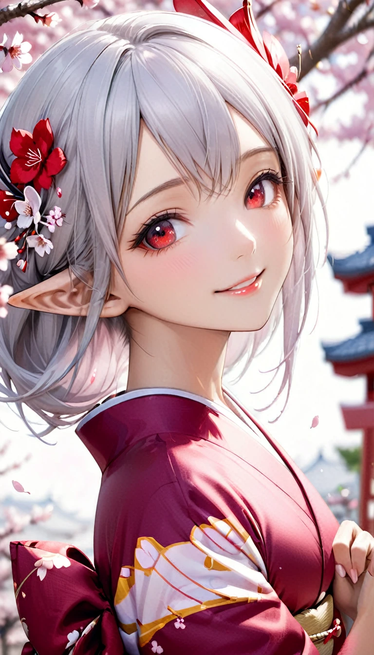 1 mujer elfa, piel oscura, hermoso cabello plateado, orejas puntiagudas, hermosos ojos rojos, kimono japonés, Flores de cerezo, representación de la parte superior del cuerpo, Sonrisa amistosa, labios abiertos, De cerca, Mirada hacia arriba, 8K,