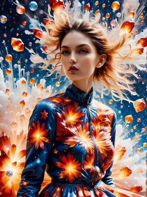 For Marie Claire, a model in a Valentino creation, her pose commanding, amidst the depiction of a supernova explosion. Asymmetri...