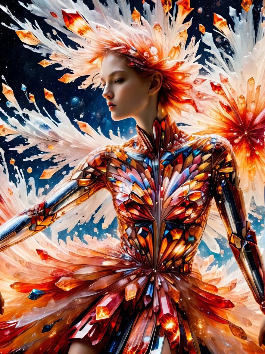 Für Marie Claire, ein Model in einer Valentino-Kreation, ihre Pose gebieterisch, inmitten der Darstellung einer Supernova-Explosion. Asymmetrische Komposition von Andreas Gursky