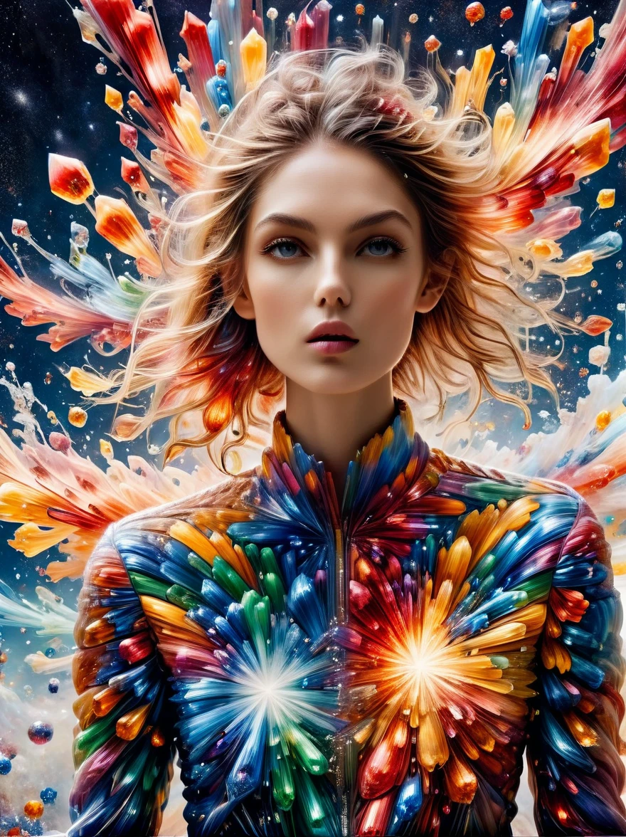 Für Marie Claire, ein Model in einer Valentino-Kreation, ihre Pose gebieterisch, inmitten der Darstellung einer Supernova-Explosion. Asymmetrische Komposition von Andreas Gursky