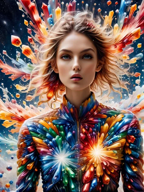 For Marie Claire, a model in a Valentino creation, her pose commanding, amidst the depiction of a supernova explosion. Asymmetri...