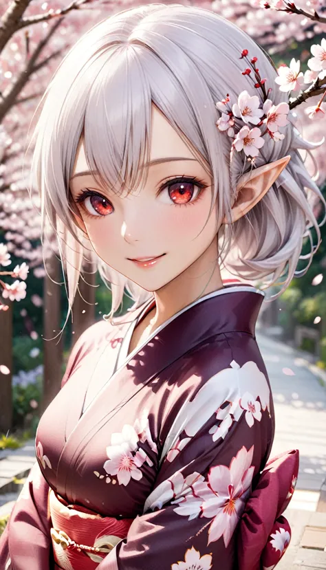 1 elf woman, tanned brown skin, beautiful silver hair, pointed ears, beautiful red eyes, Japanese kimono, cherry blossoms, upper...