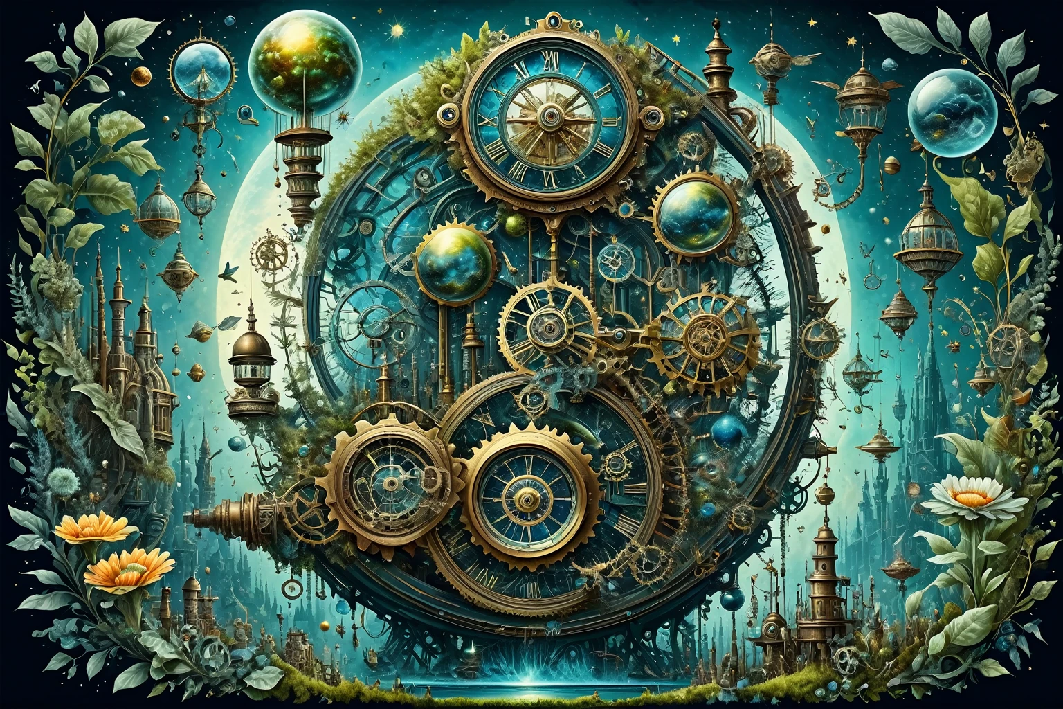 (best quality:1.5), (hyper realism:1.3), (complicated emotional details:1.5), (ultra detailed), (keen focus), (sharp detail), detailed digital illustration of a [Jungle planet with floating flora:Astral plane with floating islands:0.5], Steampunk,  bl4ckl1ghtxl , PICTURELAND