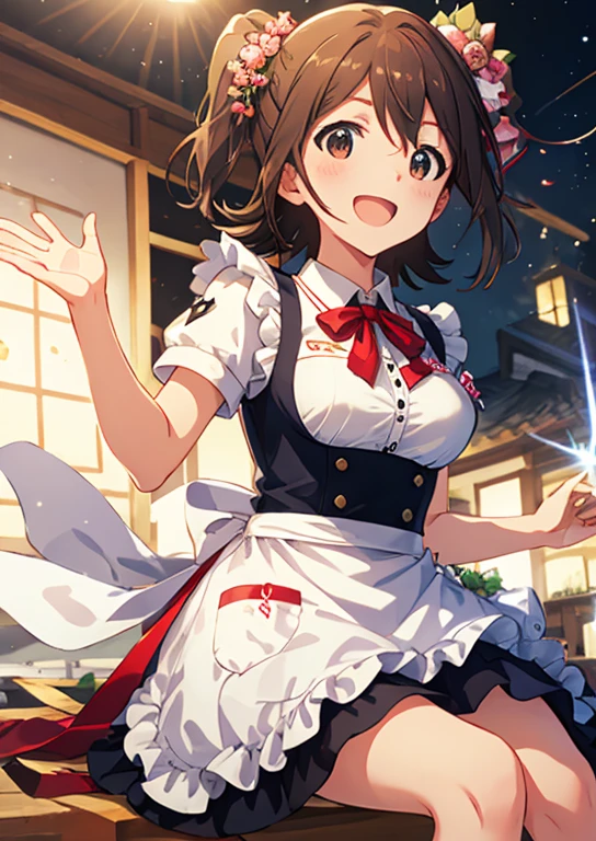 Mirai Kasuga, (highest quality, 8k, masterpiece, Very detailed:1.2), (Lens flare, Particles of light, Shine), Big Breasts, smile, Open your mouth, masterpiece, highest quality, Very detailed, High resolution, Very detailedなCG, (Official Art), apron , (Spread your legs),Lift your legs, (Embarrassing:1.1), (blush:1.2), Open your mouth, (shout:1.1), (Moving lines:1.1)