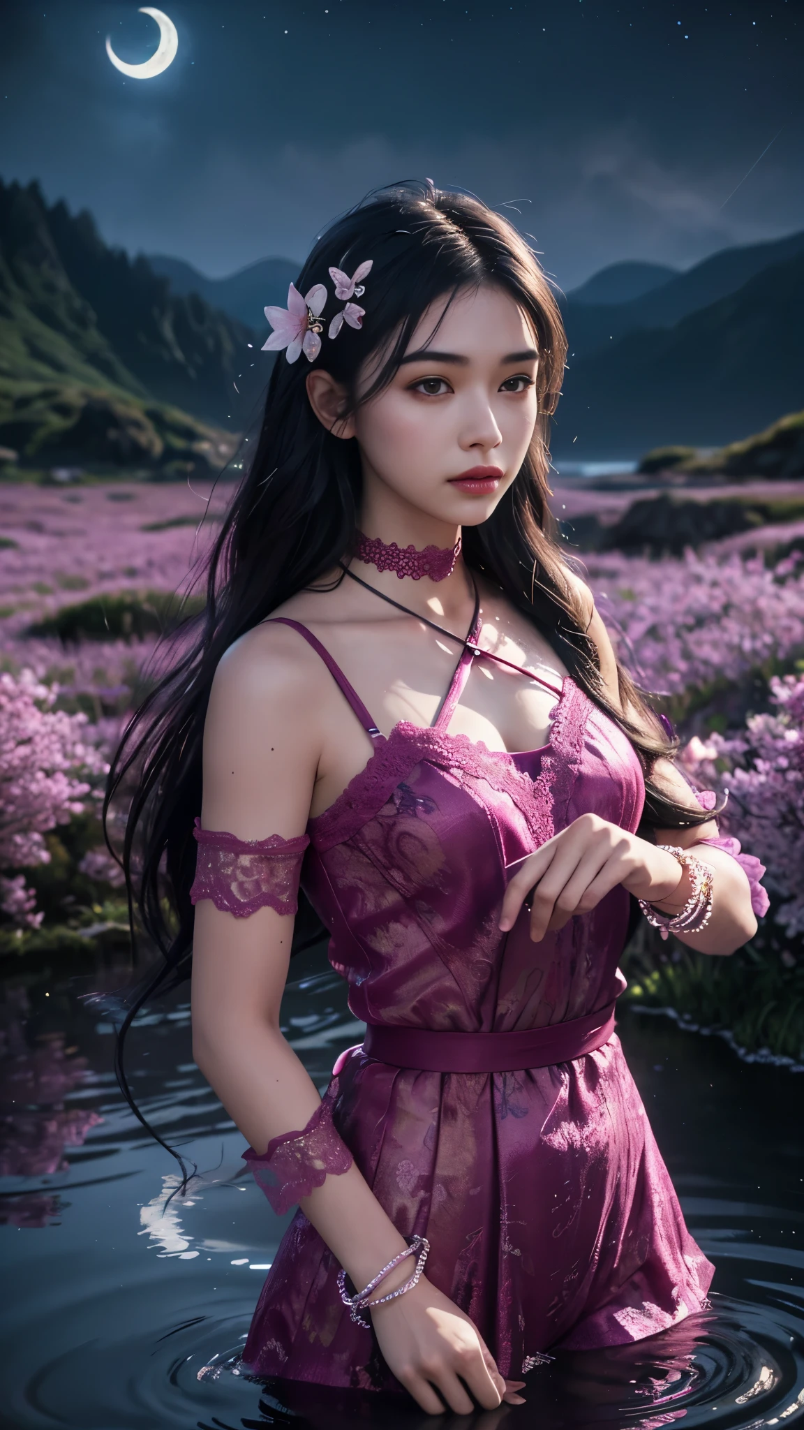 8K, ultra hd, masterpiece, 1 girl, ((18 years old girl)), good face, very long hair, detailed eyes, detailed lips, small breasts, detailed clothing, magenta clothing, ((criss-cross lace)), sardine, ornament, jewellery, antique jewellery, loops, straps, dim lighting, epic scenery, ((night scenery:1.5)), ((Realistic moon)), cherry blossom, beautiful, rain, flowers, butterfly, water reflection, RTX 4090, (unreal engine 5), ray tracing, bloom effect, front body,