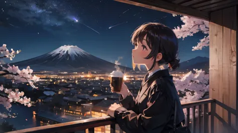 a girl drinking coffee on the balcony and looking up at the night sky　mount fuji and cherry blossoms in the background