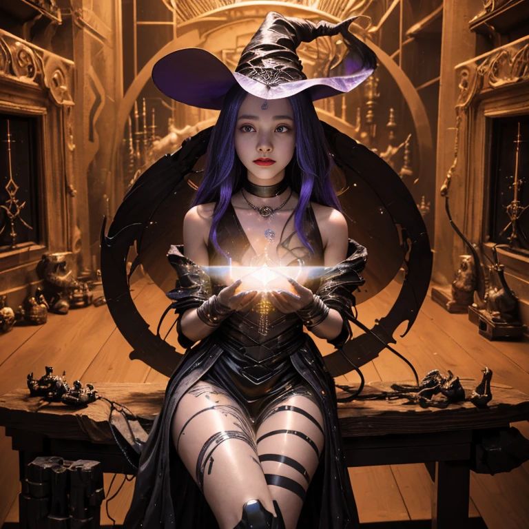 depicts a modern-day witch who has embraced the world of cybernetics to enhance her magical abilities. The artwork should convey the enchanting blend of traditional witchcraft and futuristic technology. Here are some specific elements to include:

The Witch's Lair: The setting should be a cozy yet slightly eerie room, filled with magical books, crystal balls, potion ingredients, and antique furnishings. The room should be dimly lit by candles and a soft, mystical glow emanating from her cybernetic enhancements.

The Cyborg Witch: The central focus of the artwork is the witch herself. She's a striking figure with a mix of traditional witch attire and cybernetic enhancements. Her clothing should have a witchy, occult aesthetic, with flowing robes, a pointed hat, and an intricate pentagram necklace. Her arms, however, have been upgraded with cybernetic components that incorporate magical symbols and glowing runes.

Magical Interface: The witch is in the midst of casting a spell, with a holographic, touch-screen interface floating before her. This interface includes spell incantations, arcane symbols, and digital components, demonstrating her fusion of magic and technology.

Spell Ingredients: On a nearby table, there should be a collection of spell ingredients, like herbs, potions, and magical artifacts. Some of these items may have been modified with cybernetic enhancements, blurring the line between the natural and the technological.

Familiar: The witch's familiar, perhaps a cat or raven, should be present in the scene, serving as her magical companion. The familiar could also have subtle cybernetic enhancements or glowing eyes.

Glowing Runes: The room should be adorned with ancient symbols and glowing runes on the walls and floor, contributing to the magical atmosphere.

Aetherial Lighting: Use a combination of mystical, ethereal lighting and cybernetic glows to create a captivating interplay of light and shadow. The contrast between the tradit