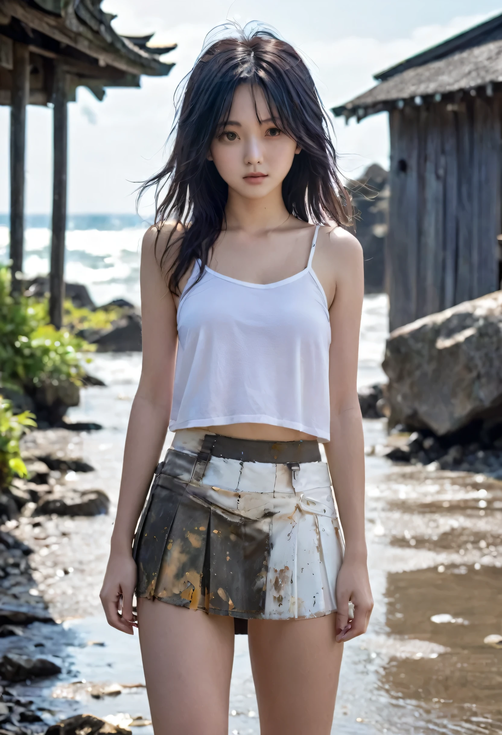 (highest quality, 4K. photograph, Fine:1.4), (A very dirty Japanese girl wandering around a deserted island:1.3), 18-year-old, Drifting Girl, Distressed Girl, very cute, Ragged black hair, In rags, A dirty and tattered short white pleated skirt, Very beautiful:1.2, I can see her thighs, Covered in scars, Half naked, A tattered and torn white camisole, covering one&#39;s chest with one&#39;s arms, Embarrassed and crying, Sleeveless, 裂けてI can see her thighs白いプリーツスカート:1.2, Appearance like a homeless person, Muddy&#39;s Shoes, Walking while crying, Deserted Island, washed ashore, Feeling embarrassed, Belly button, The whole body is dirty, A badly ripped white camisole, Like a wild , White shoes, Muddy, Tattered clothes, A badly torn white pleated skirt, barefoot
