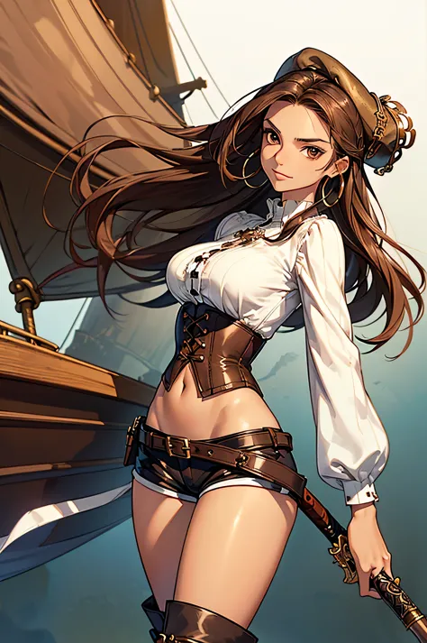 (masterpiece), best quality, expressive eyes, perfect face, (pirate ship background), (standing), (smirk), (closeup view), (1gir...