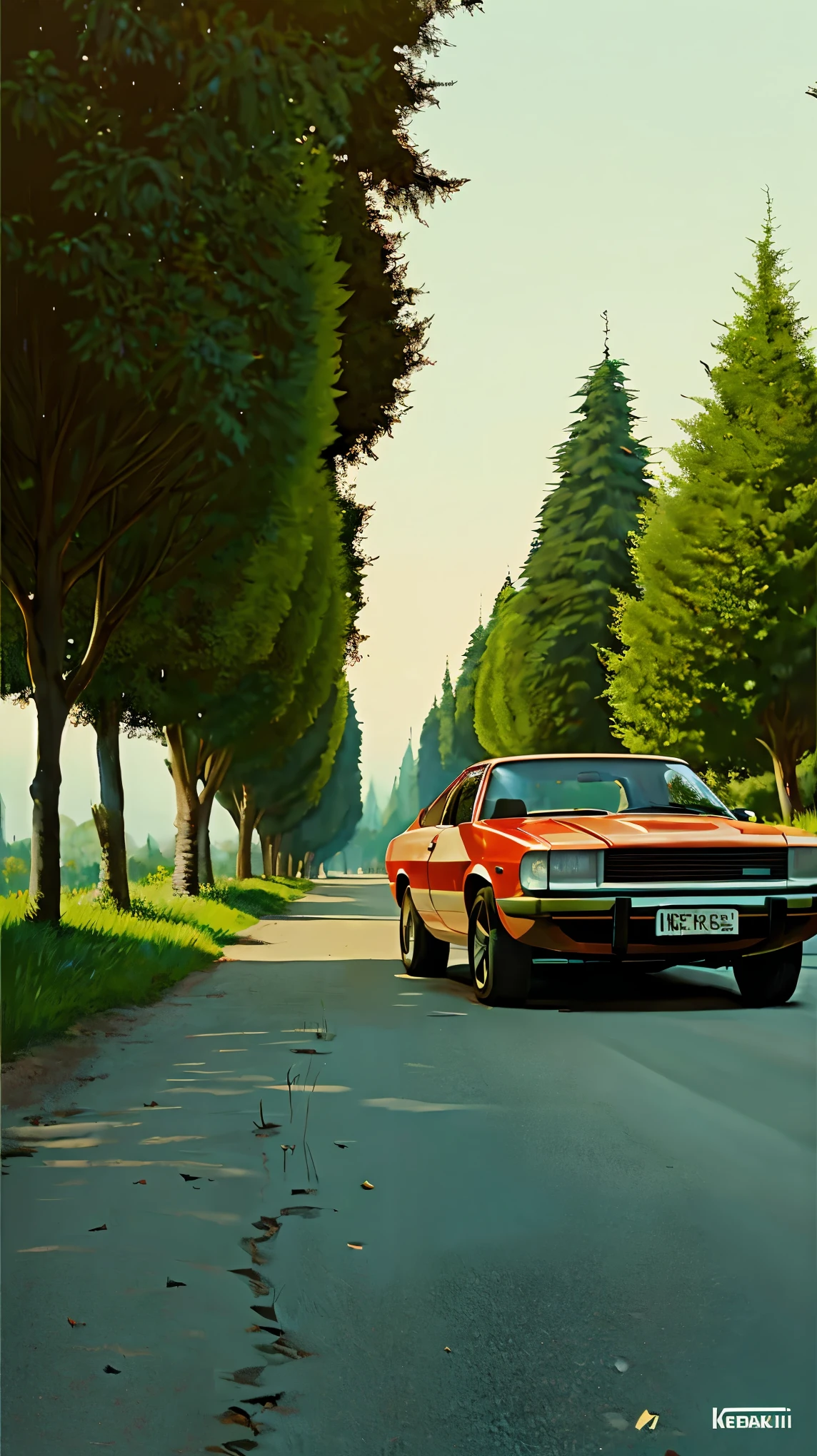 painting of a red car parked on a dirt road near a tree, kentaro miura art, in style of kentaro miura, beautiful retro art, glen orbik, inspired by Kentaro Miura, by Trevor Brown, ghibli vibe, by Kentaro Miura, kentaro miura style, laurent durieux, kentaro miura art style