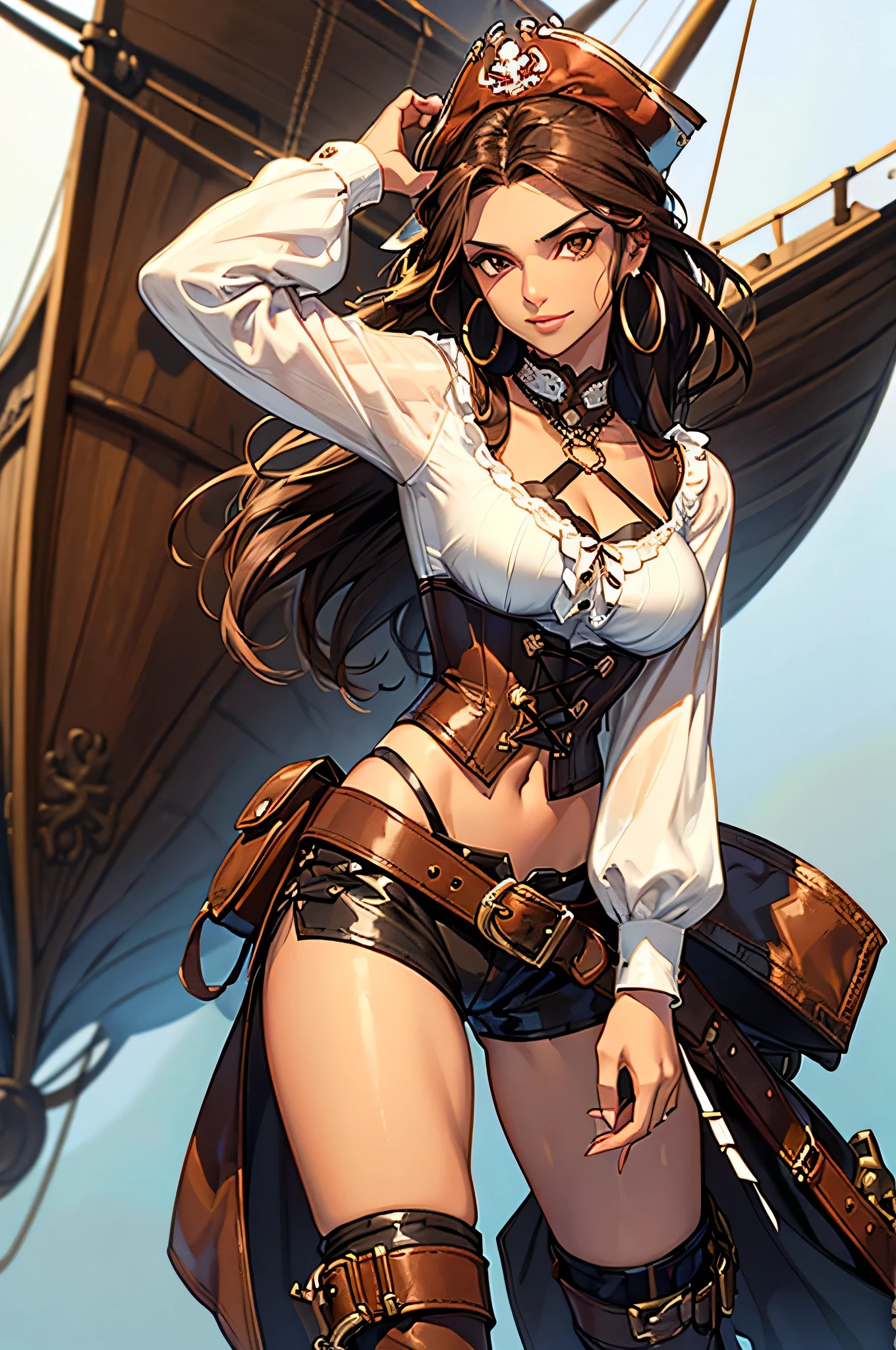 (masterpiece), best quality, expressive eyes, perfect face, (pirate ship background), (standing), (smirk), (closeup view), (1girl, vanessa alessia, dark skin, tanned skin, brown hair, wavy hairstyle, brown eyes, hourglass figure, thin body, skinny body, petite_body, medium breasts, thick thighs, long fingernails, brown plaid head wrap, white front lace blouse, long sleeve, loose fit, brown leather corset, brown leather shorts, brown boots, sheathed cutlass sword, flintlock pistol in holster, hoop earrings, miscellaneous jewelry)