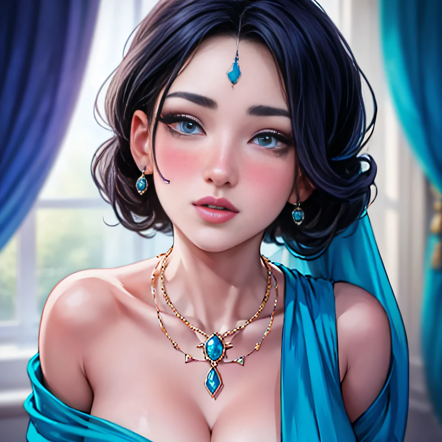 Amazing portrait of a sexy woman with a beautiful face and an elegant hairdo wearing a blue sari and a sapphire necklace having pale skin and light eyes and she's blushing and has an amazing body with an hourglass figure and her hands resting on her hips having beautiful detailed eyes and beautiful detailed lips with long eyelashes