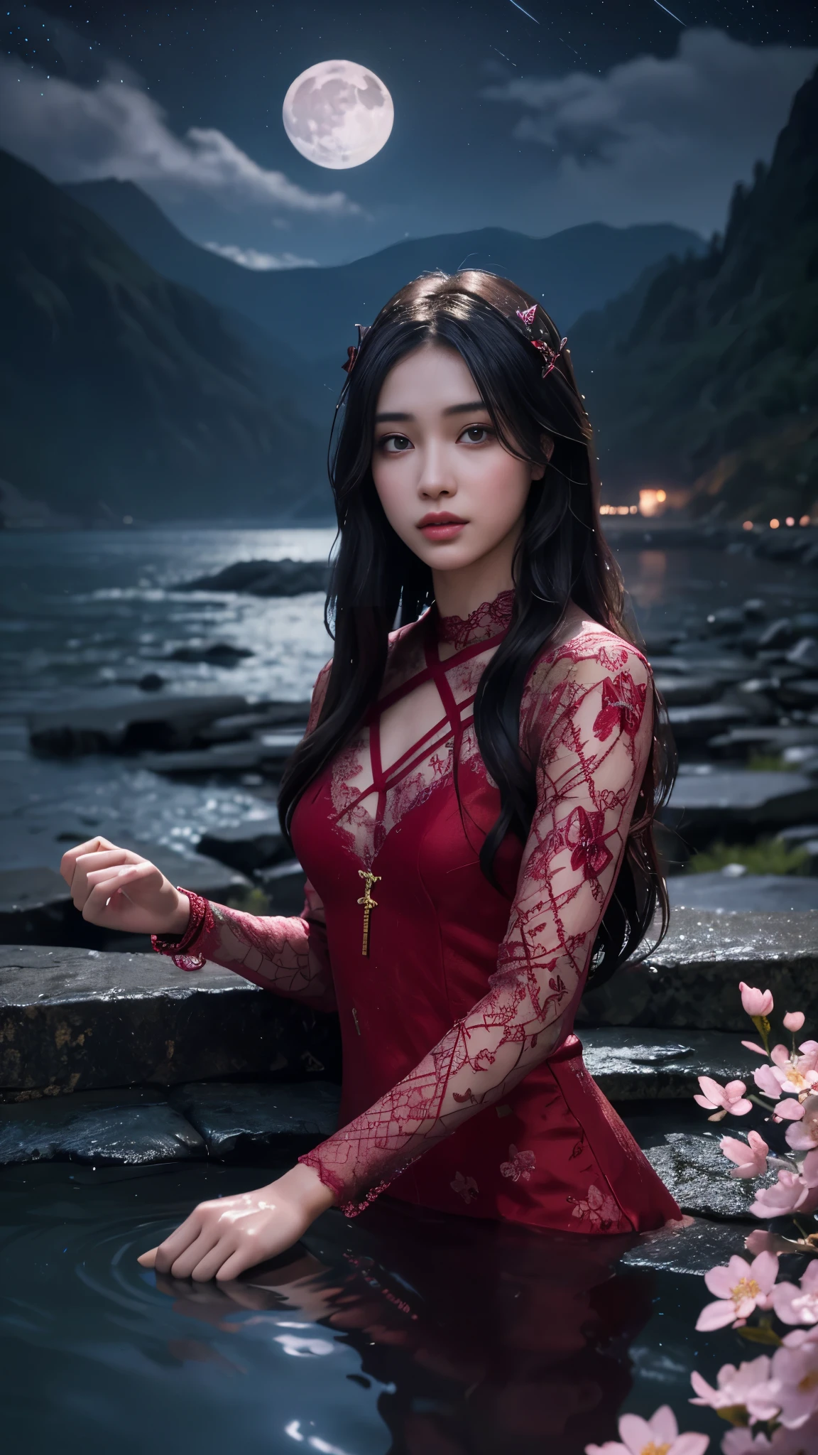 8K, ultra hd, masterpiece, 1 girl, ((18 years old girl)), good face, very long hair, detailed eyes, detailed lips, small breasts, detailed clothing, red clothing, ((criss-cross lace)), sardine, ornament, jewellery, antique jewellery, loops, straps, dim lighting, epic scenery, ((night scenery:1.5)), ((Realistic moon)), cherry blossom, beautiful, rain, flowers, butterfly, water reflection, RTX 4090, (unreal engine 5), ray tracing, bloom effect, front body,