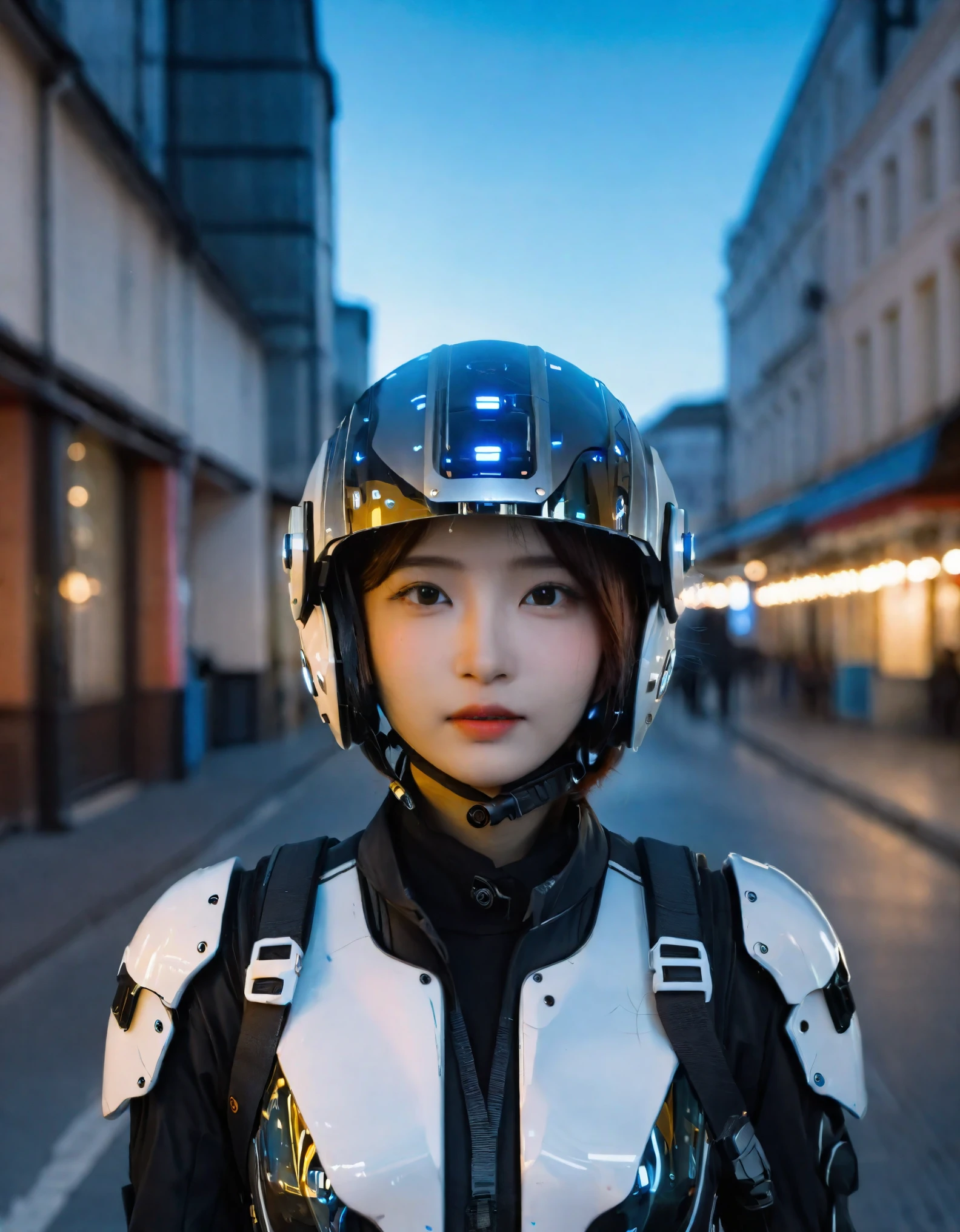 Crea un retrato inspirado en un tema de ciencia ficción futurista., con un personaje que lleva un casco muy detallado. El casco está equipado con una visera que muestra intrincados patrones de luz., acentuado con reflejos azul neón que destacan contra la oscuridad, superficies elegantes. Las complejas texturas del casco sugieren tecnología avanzada., con sutiles toques de cables y componentes mecánicos. El casco tiene un acabado brillante sugerido por sus sutiles reflejos., y la postura imponente del personaje transmite fuerza. La cara esta oscurecida, añadiendo al aura misteriosa. El fondo está borroso con luces bokeh., insinuando una zona urbana, posiblemente ambiente nocturno. El diseño del casco recuerda a la armadura de un videojuego o al arte conceptual de una película., evocando la esencia de un soldado avanzado o un personaje cibernético.