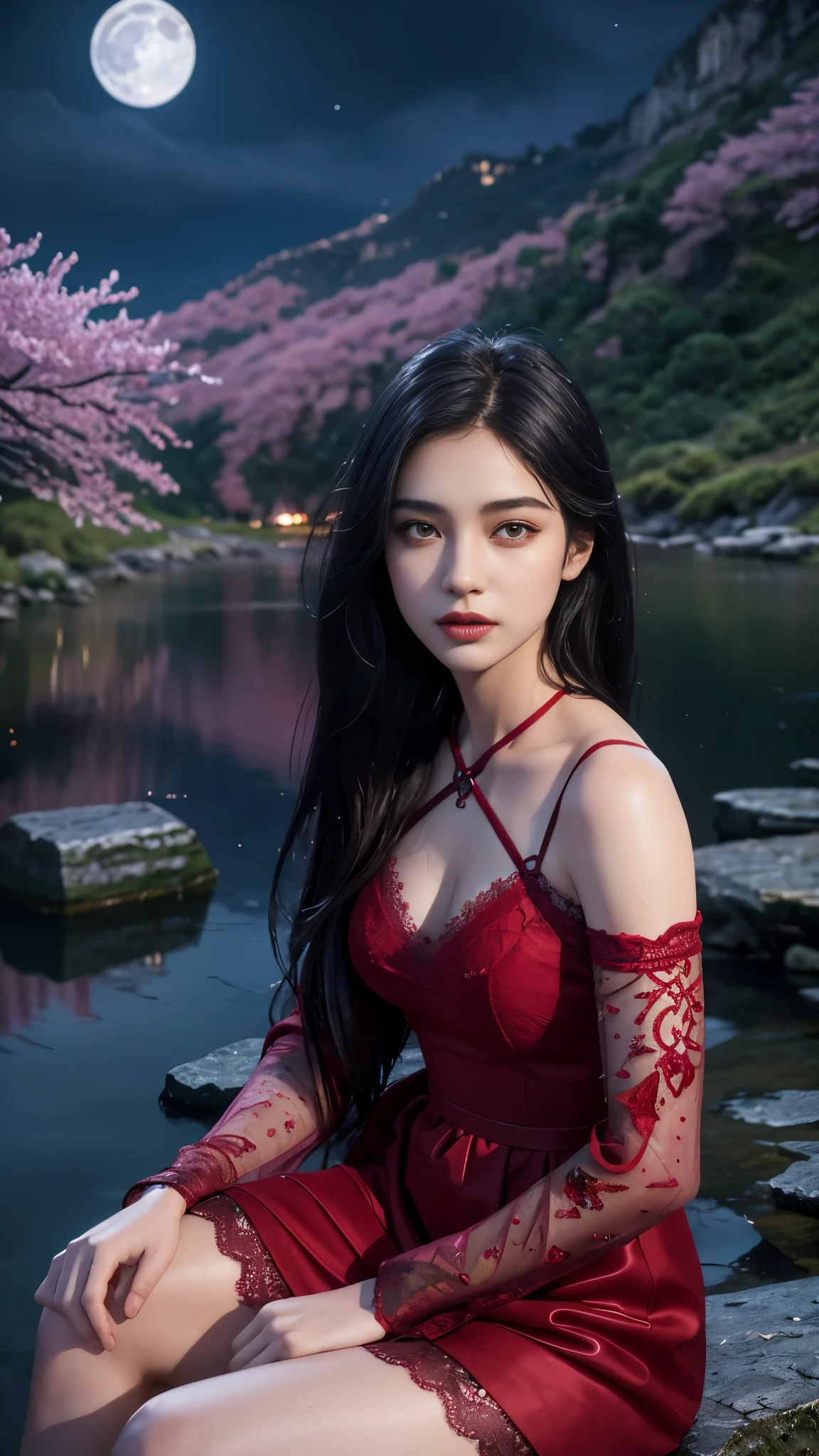 8K, ultra hd, masterpiece, 1 girl, ((1 girl)), good face, very long hair, detailed eyes, detailed lips, small breasts, detailed clothing, red clothing, ((criss-cross lace)), sardine, ornament, jewellery, antique jewellery, loops, straps, dim lighting, epic scenery, ((night scenery:1.5)), ((Realistic moon)), cherry blossom, beautiful, rain, flowers, butterfly, water reflection, RTX 4090, (unreal engine 5), ray tracing, bloom effect, front body, sitting, 