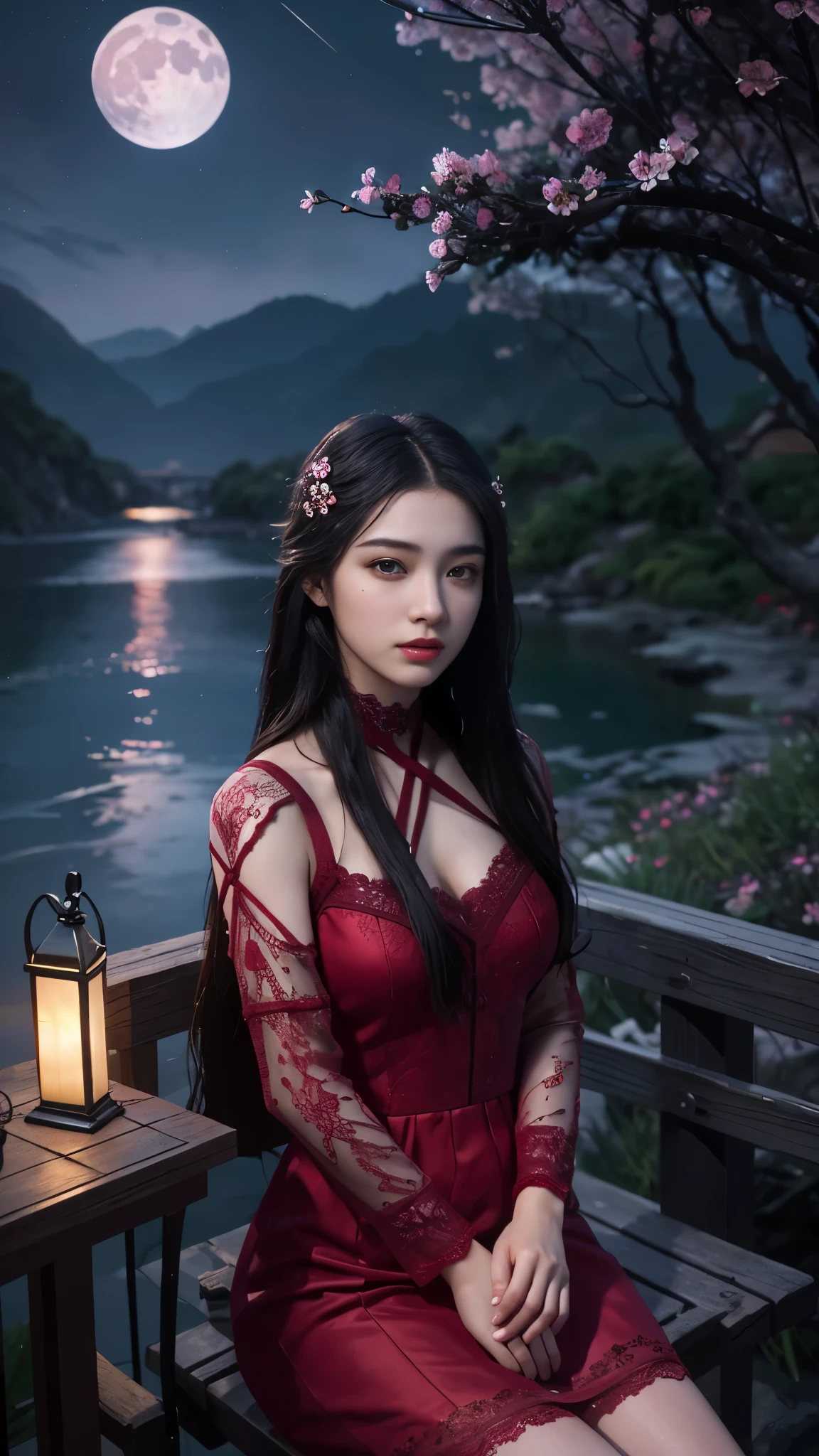 8K, ultra hd, masterpiece, 1 girl, ((18 years old girl)), good face, very long hair, detailed eyes, detailed lips, small breasts, detailed clothing, red clothing, ((criss-cross lace)), sardine, ornament, jewellery, antique jewellery, loops, straps, dim lighting, epic scenery, ((night scenery:1.5)), ((Realistic moon)), cherry blossom, beautiful, rain, flowers, butterfly, water reflection, RTX 4090, (unreal engine 5), ray tracing, bloom effect, front body, sitting, 