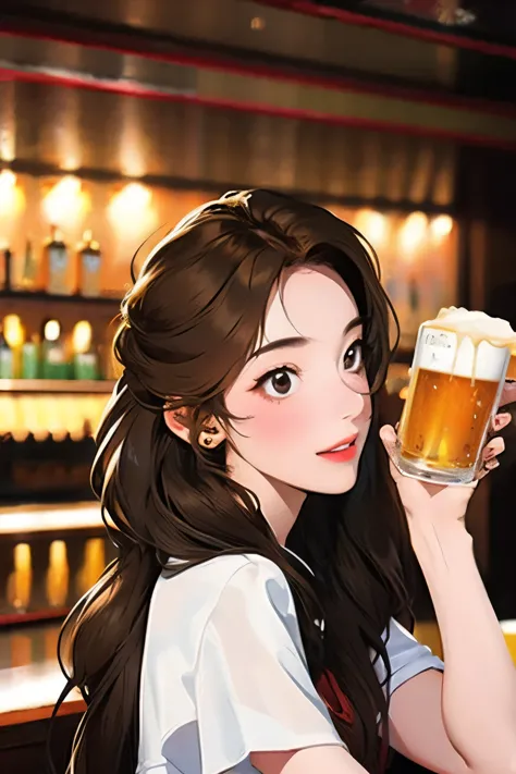 Bar girl drinking beer