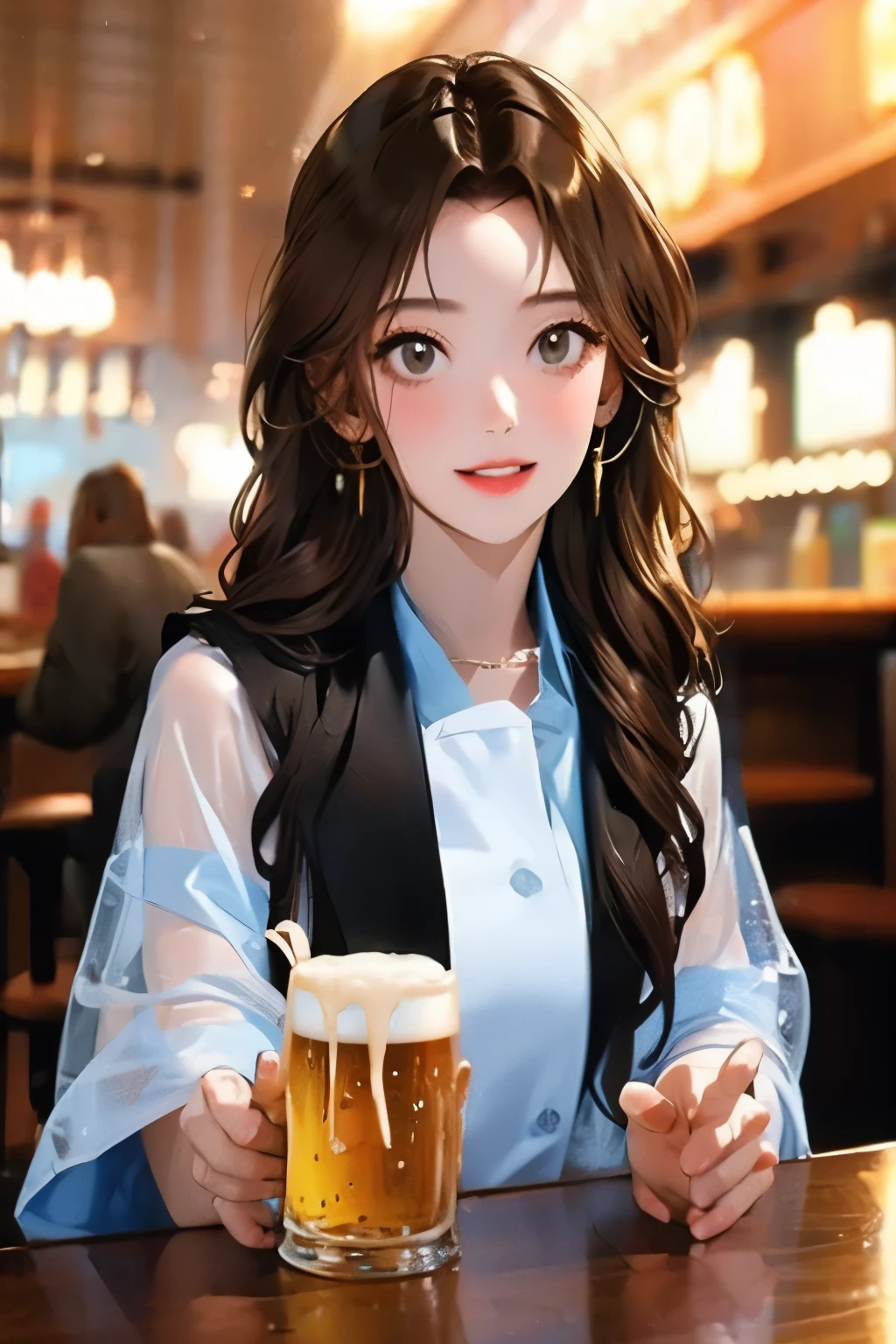 酒吧女孩喝啤酒