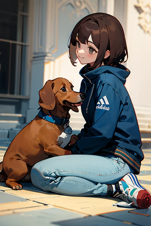 A brown-haired girl sits on the floor in a beautiful place and strokes a dachshund. She wears a dark blue fleece jacket with the inscription "Italy", eine kurze, graue Jeans und Schwarze Adidas Schuhe. The girl is very happy. 