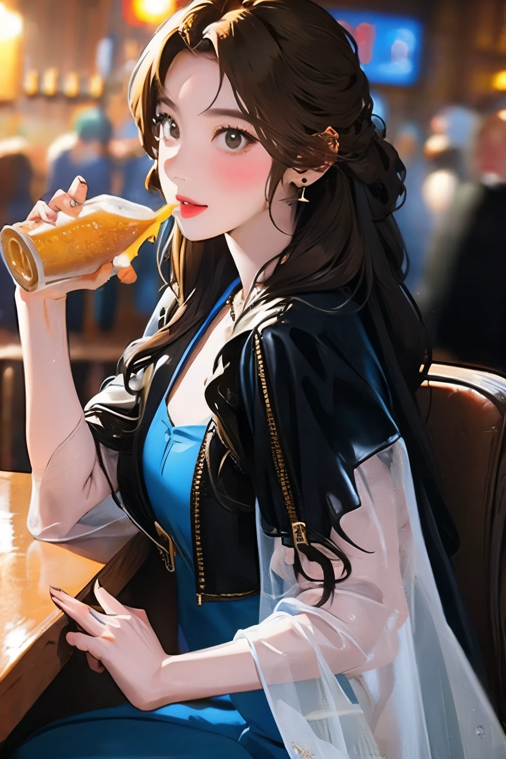 Bar girl drinking beer