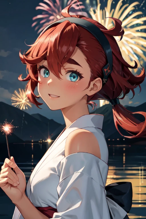 masterpiece, best quality, ultra detailed, highres, extremely detailed CG unity 8k wallpaper, perfect lighting,  very detailed background, beautiful and aesthetic,sharp focus, perfect face, dynamic pose, dynamic angle,
1girl, upper body, (portrait:1.1), medium hair, red hair, multicolored yukata, kanzashi, looking at viewer,  full-face blush, from side, from below, smile,
night, dark sky, misty lake, mountainous horizon, break,aerial fireworks,  (Full of sky fireworks:1.1),
Shoulder Bare、Off the shoulder、(Holding cotton candy:1.2)、
sulleta mercury, ahoge, aqua eyes, black hairband, dark skin, dark-skinned femaile, hair between eyes, hairband, long hair, low ponytail, red hair, swept bangs, thick eyebrows,