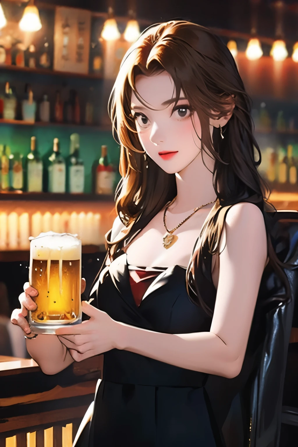 酒吧女孩喝啤酒