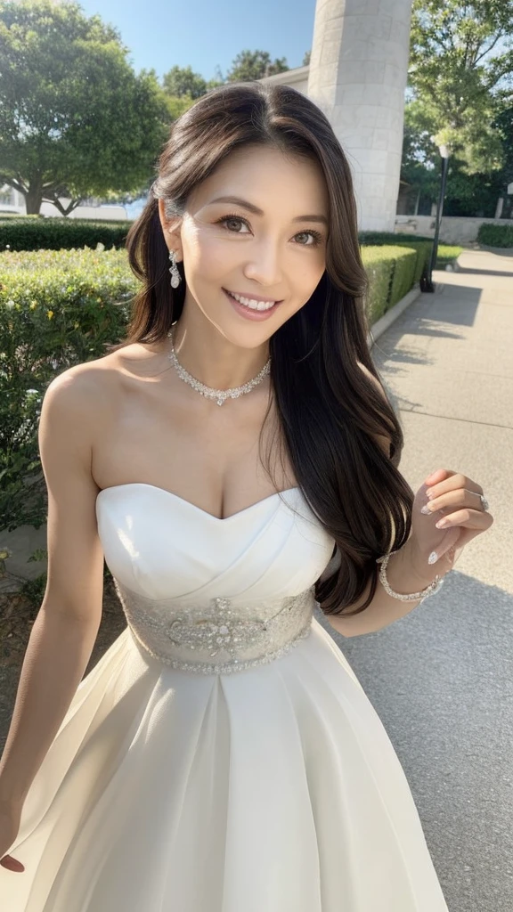 ((Top Quality)), ((8K)), ((Masterpiece: 1.3)), (Perfect Appearance), (Photorealism: 1.6), (japanese bride), (in front of the church), (clear sky), japanese woman, (48 years old), (natural light), ((Standing upright, facing forward, center of screen)), ((Realistic skin texture)), (Fine wrinkles throughout the skin: 1.3), (Dull skin: 1.1), (Skin without moisture: 1.2) , (Wrinkles on the face: 0.9), (Wrinkles on the corners of the eyes: 1.2), Double eyelids, tear bags on the lower eyelids, (Crying moles: 0.9), The eyes are looking here, serious gaze, (Dimples: 1.2), smile with the corners of the mouth raised wide, straight medium length, (Wedding dress: 1.2), (bridal veil: 1.2), high heels, (bouquet in hand: 1.2), (whole body), (Angle from the foot: 1.2),