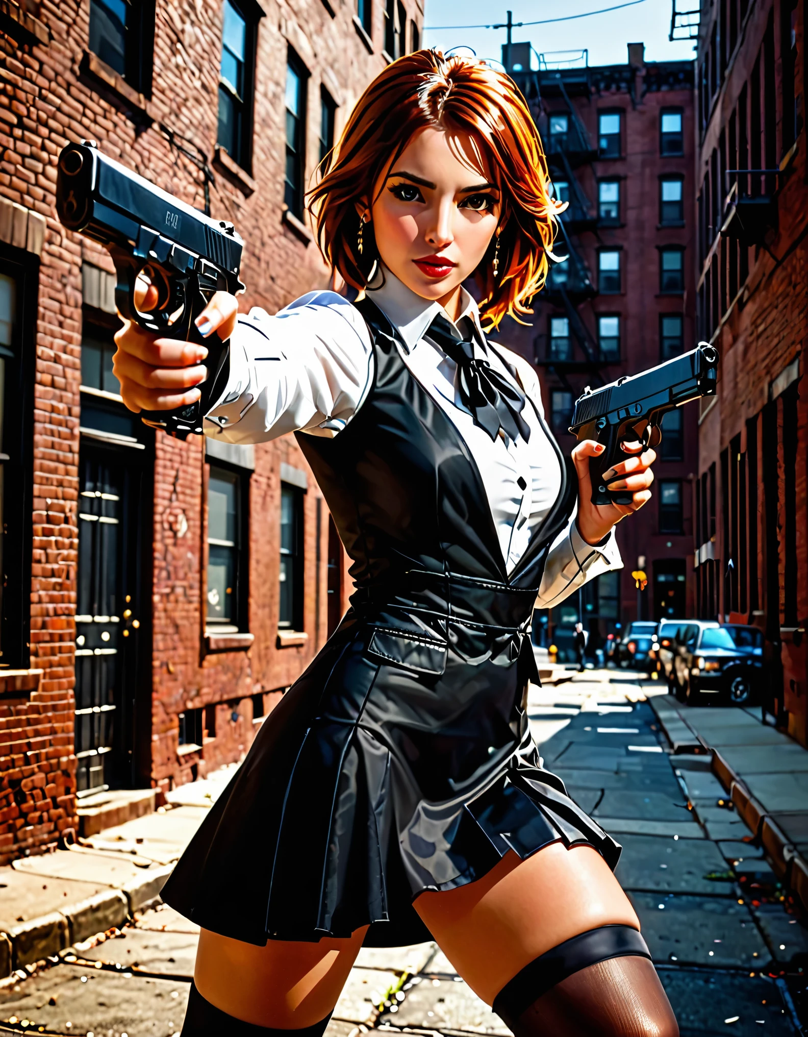 (better lighting, high contrast, sharp details), (a person:1.2+female) gangster, black suit and tie, White shirt, black skirt, polished black shoes, standing, dynamic action pose, holding two guns, Beretta 92, flash, Bullet shells, gun smoke, bullet holes, Pointing at the viewer, White fur, for the chestnut, medium hair, groomed hair, 28 years, intense action, Brooklyn, high end apartment backdrop, vivid colors, high saturation, dramatic shadows.