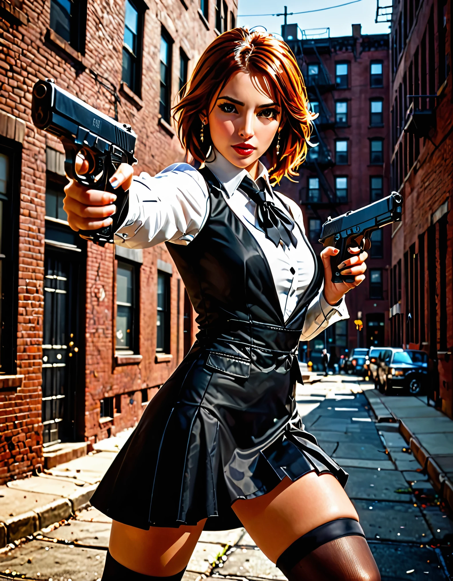 (better lighting, alto contraste, Sharp details), (a person:1.2+female) gangster, Traje negro y corbata, Camisa blanca, falda negros, zapatos negros pulidos, de pie, dynamic action pose, sosteniendo dos pistolas, Beretta 92, fogonazo, casquillos de bala, humo de pistola, agujeros de bala, apuntando al espectador, pelaje blanco, for the chestnut, cabello mediano, cabello arreglado, 28 years, intense action, Brooklyn, high end apartment backdrop, vivid colors, high saturation, dramatic shadows.