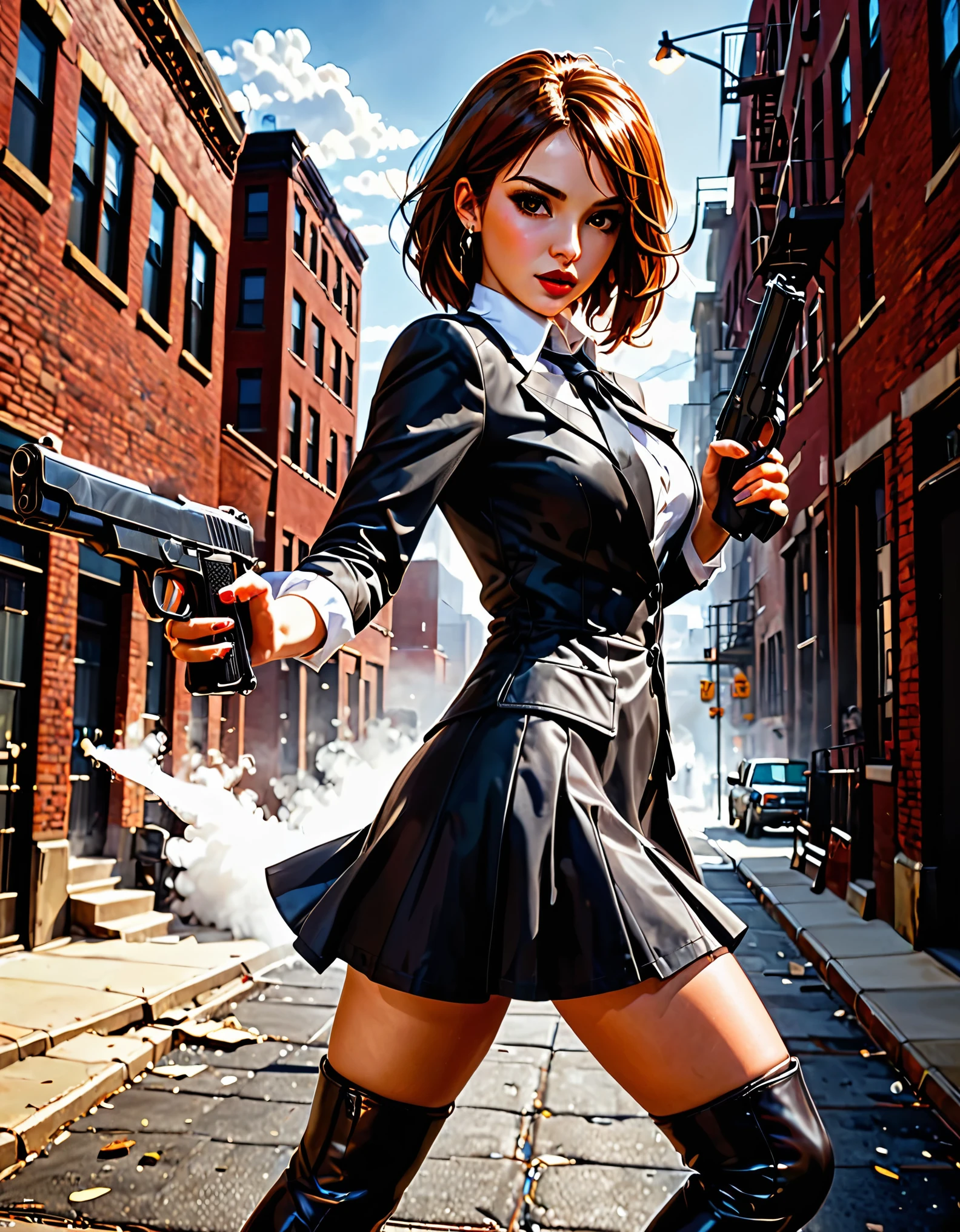 (better lighting, high contrast, sharp details), (a person:1.2+female) gangster, black suit and tie, White shirt, black skirt, polished black shoes, standing, dynamic action pose, holding two guns, Beretta 92, flash, Bullet shells, gun smoke, bullet holes, Pointing at the viewer, White fur, for the chestnut, medium hair, groomed hair, 28 years, intense action, Brooklyn, high end apartment backdrop, vivid colors, high saturation, dramatic shadows.