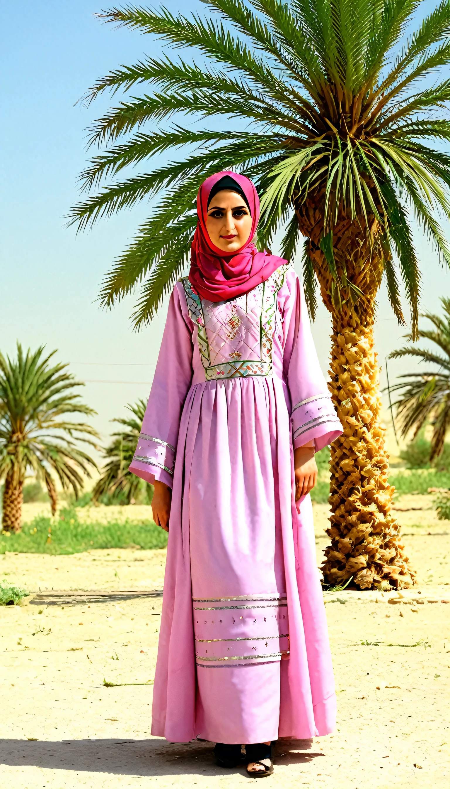 an Iraqi woman wearing a long traditional dress and hijab, outdoors, standing near a palm tree looking at viewer, ground is visible in the background, 1girl, solo, black eyes