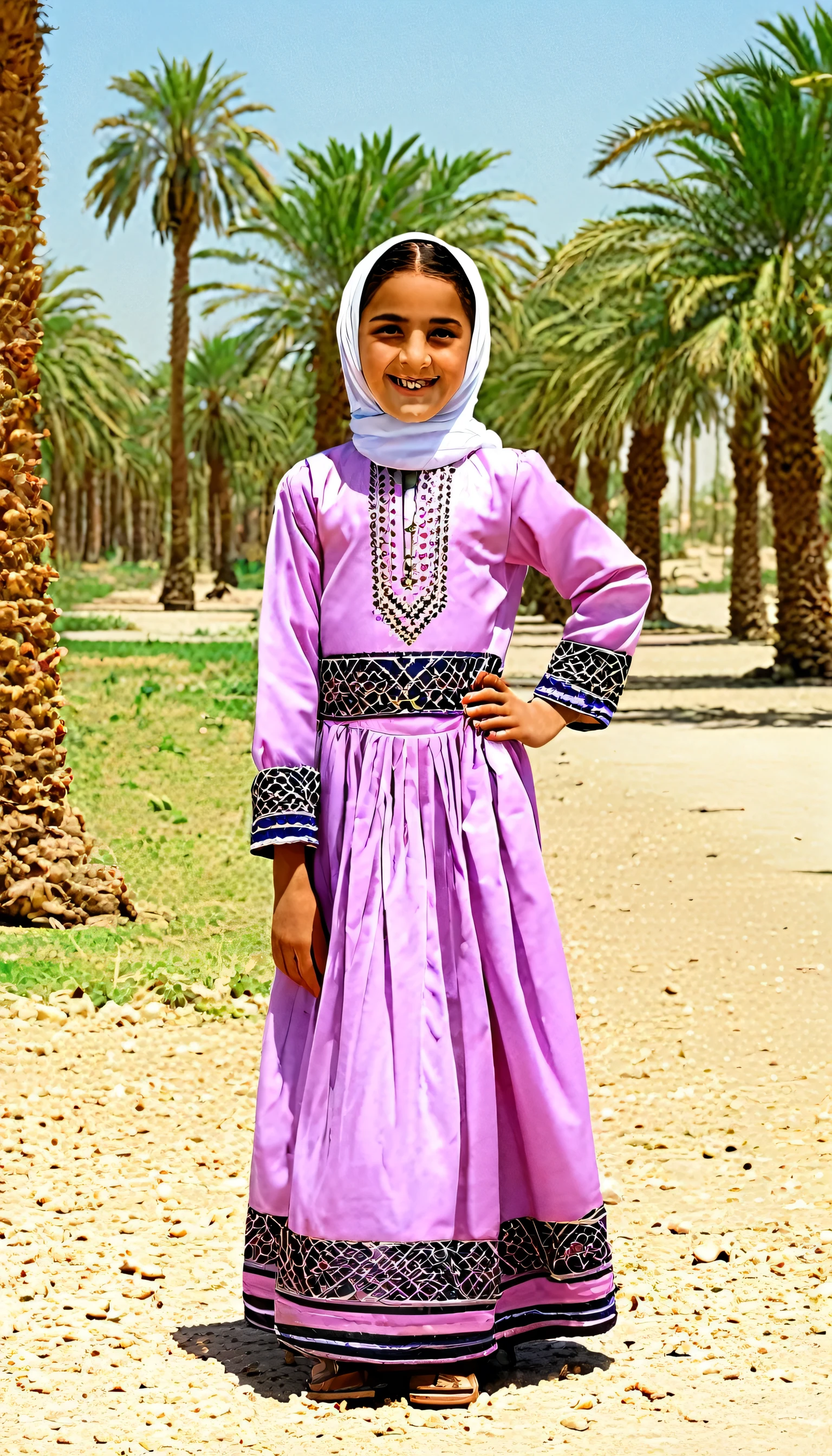 an Iraqi 10years-old girl wearing a long traditional dress and hijab, smiling, outdoors, standing near a palm trees looking at viewer, ground is visible in the background, 1girl, solo, black eyes