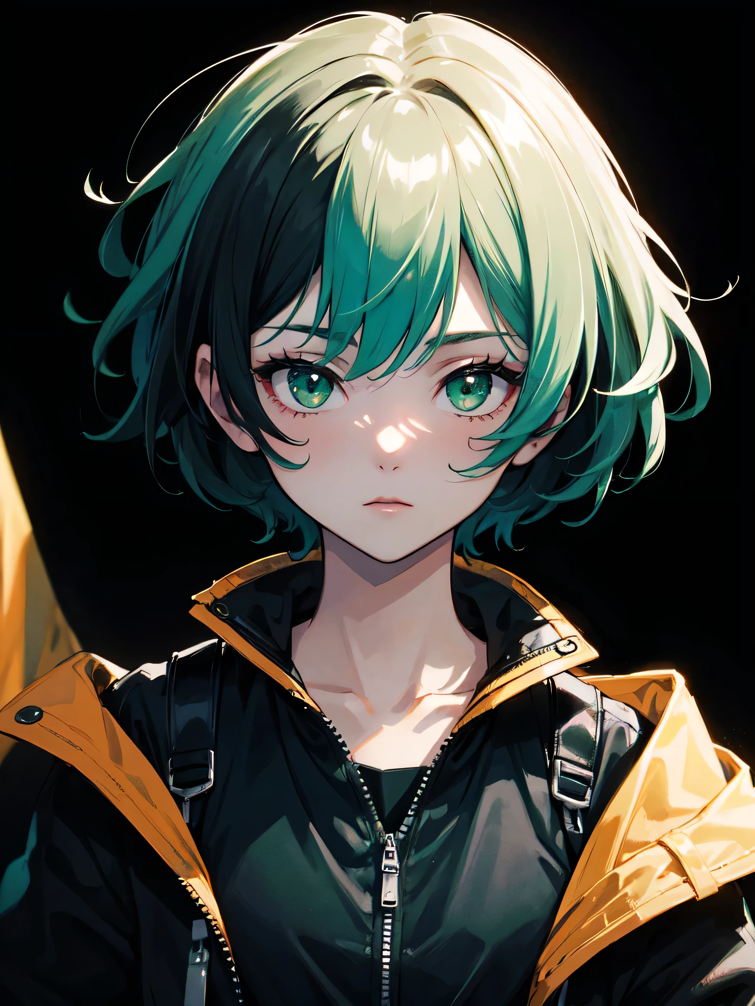 (masterpiece, highest quality, Ultra-high resolution),One girl,short hair,Black Hair,Jacket,(multicolor Jacket green and black),Looking at the audience,Focus on the girl,Cloudy,Beautiful and elaborate face, Fine grain,Gray and black theme