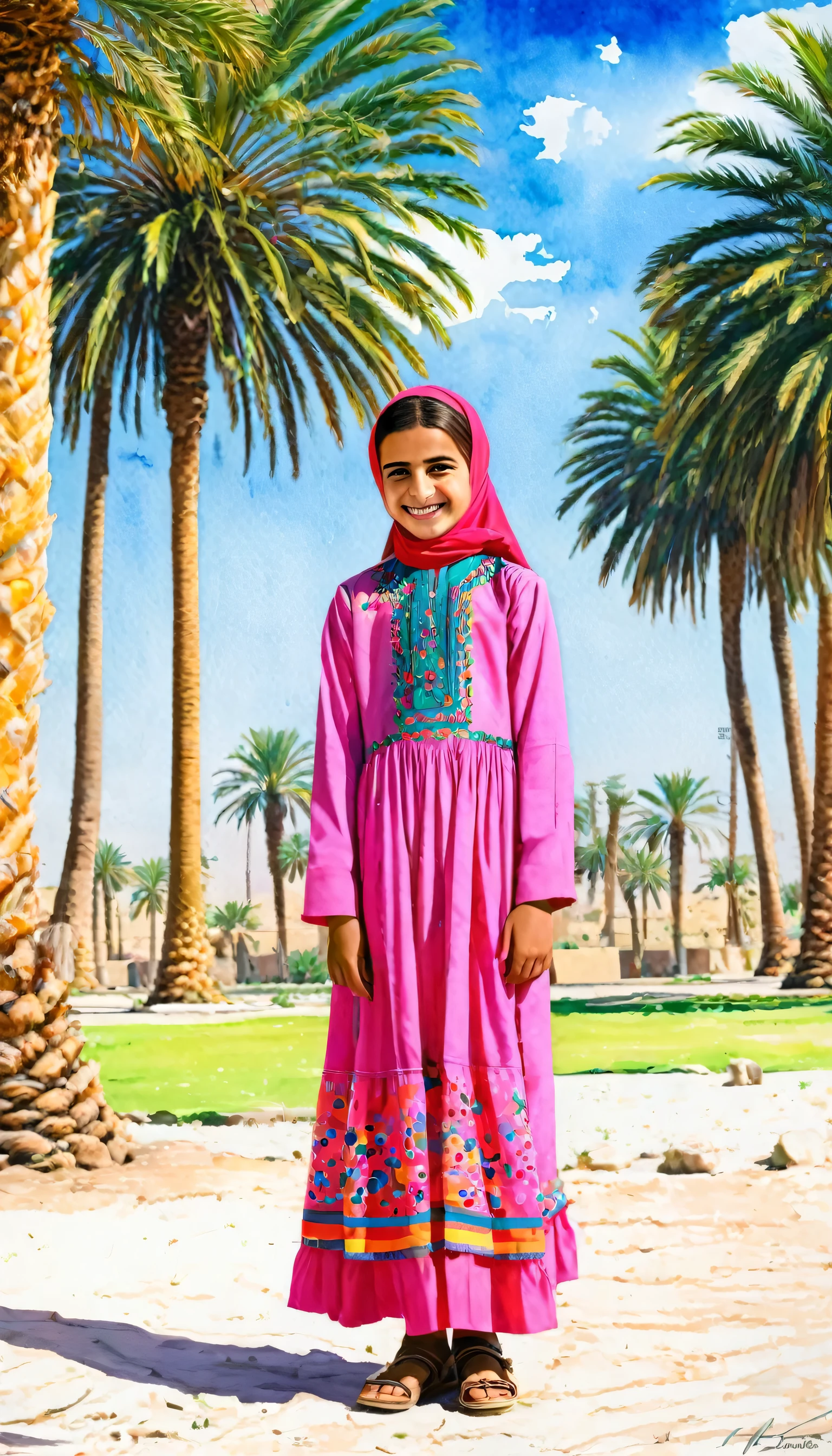 an Iraqi 10years-old girl wearing a long traditional dress and hijab, smiling, outdoors, standing near a palm trees looking at viewer, ground is visible in the background, 1girl, solo, black eyes, modern art, painting, drawing, watercolor, psychedelic colors