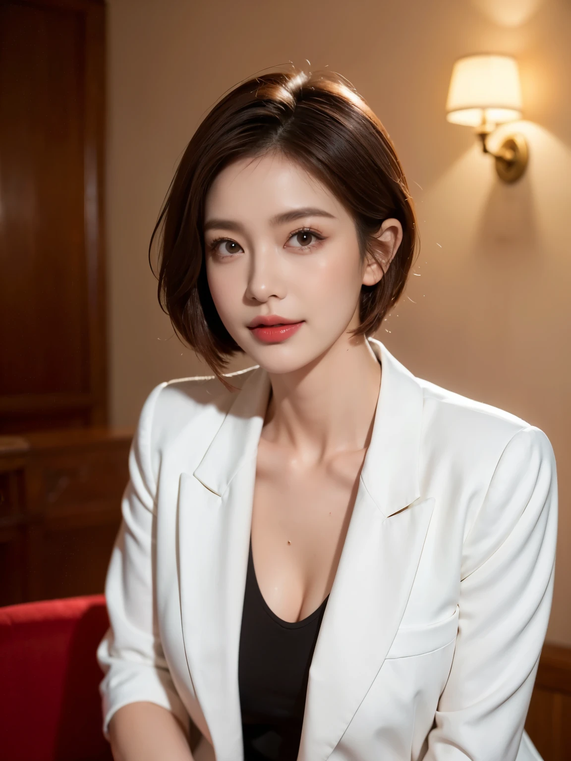 masterpiece,highest quality, (One mature woman、42 years old), ((close:0.5)), ((Cross Arm)), Glare, Grey blazer, White shirt, double eyelid, eyelash, Lip gloss, (smile:1), ((close your eyes:0.85)), ((Looking at the audience、Whole body image、Are standing)), to be born, (From above:0.2), ((no one)), （office）、（Black Leather、Knee-length、Knee-high boots）、Written boundary depth、尖ったRed Mouth、(Reddish brown wet shiny short hair,,,,,,,,,),Red Mouth,clavicle、Full body portrait、digital illustration, (Photorealistic:1.3),(RAW Photos.)