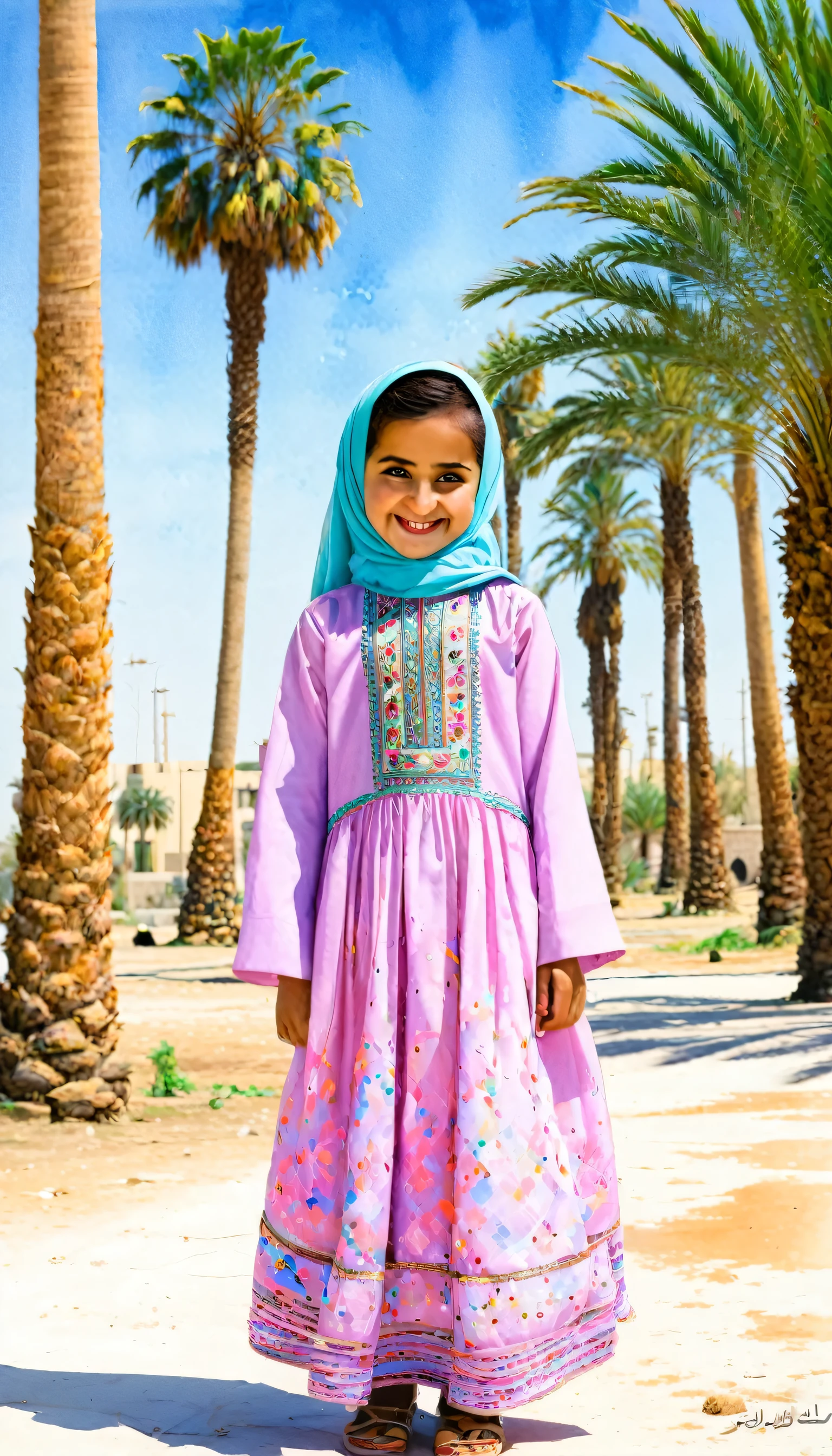 an Iraqi 6years-old girl wearing a long traditional dress and hijab, smiling, outdoors, standing near a palm trees looking at viewer, ground is visible in the background, 1girl, solo, black eyes, modern art, painting, drawing, watercolor, psychedelic colors