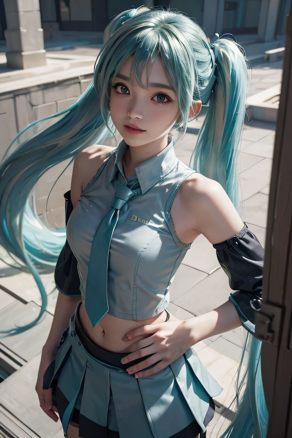 ((obra maestra)), ((SFW)), (mejor calidad), (Ojos bonitos), (desde arriba), (fondo borroso), (profundidad de campo), (Al aire libre), (techo), (contraluz), (luz de sol), (Hatsune Miku), (dos colas), ((cabello color aguamarina)), ((Golpes)), ((Camisa gris)), ((mangas separadas)), (Camisa sin mangas), ((mangas negras)), ((ombligo)), (Falda negra), (Labios partidos), ((Una sonrisa:0.6)), ((tiro de vaquero))