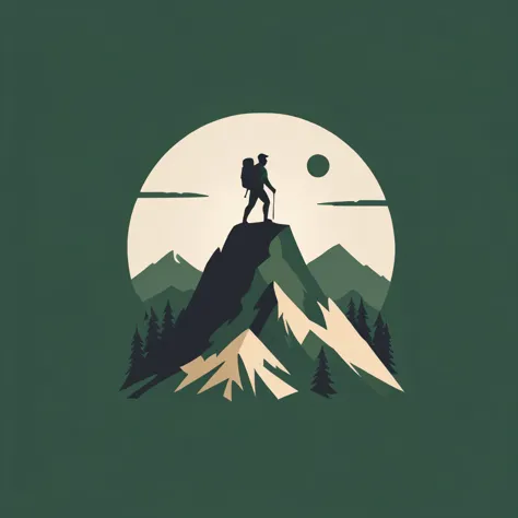 logo,
a logo for a video channel, man treking, mountain, wilderness, wilderness-themed colors (dark green, beige)
),logoredaf
,