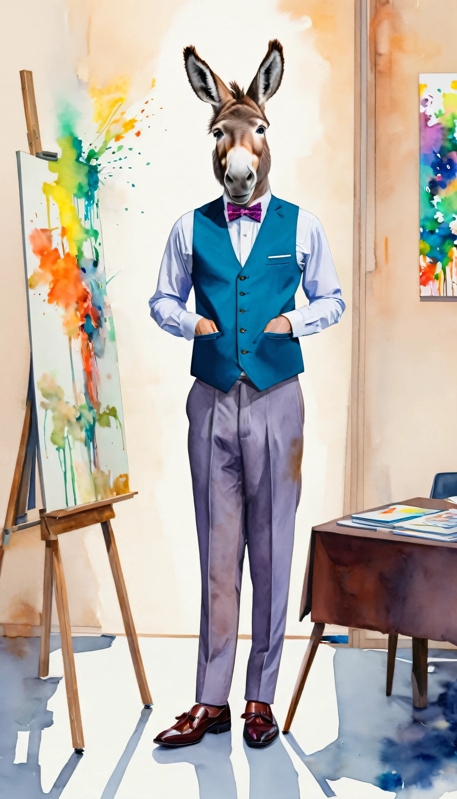 funny donkey in a suit and tie indoors, standing near a table, wearing formal attire, indoors, table, bowtie, bow, standing, pants, jacket, vest, furry, formal, suit, white shirt, shoes, pants, office, chair, full body, looking at viewer, modern art, painting, drawing, watercolor painting, psychedelic colors