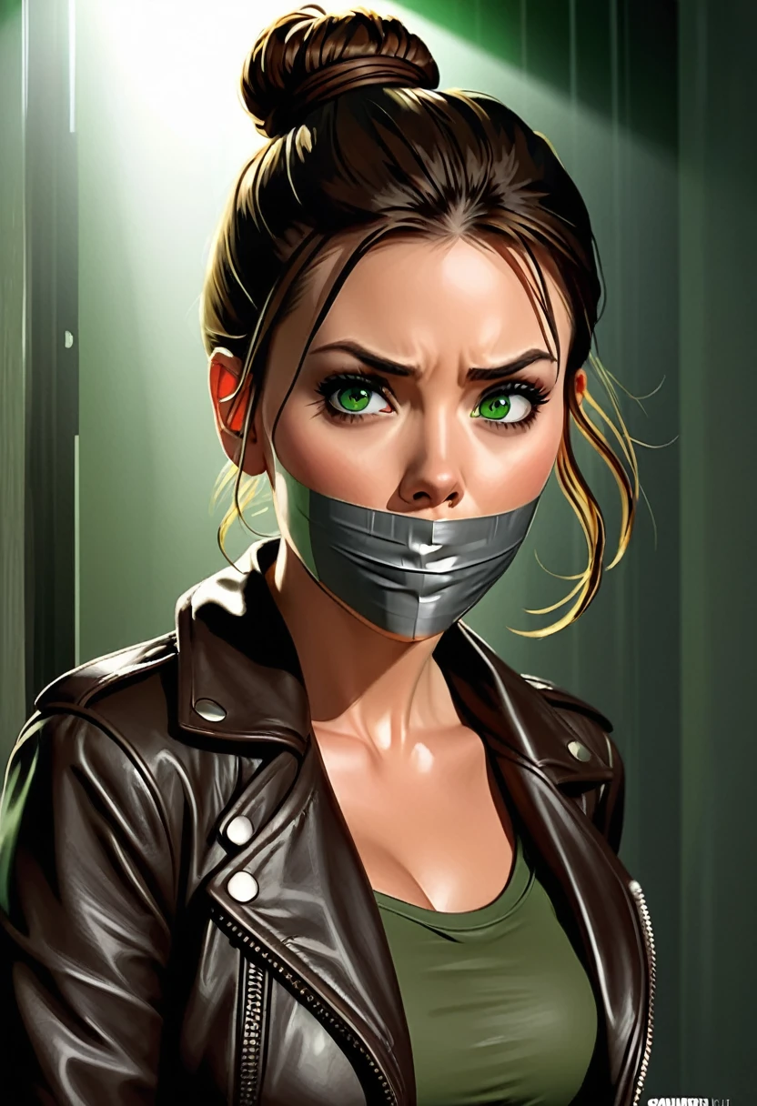 Graphic novel illustrations, Realistic, One girl (Scarlett Johansson:0.5|Megan Fox:0.5), Shoulder-length brown hair tied up in a bun, Green Eyes, leather jacket, fear, Tape gag, alone, Gagged ,Ultra-high resolution, Very detailed, 8K Ultra HD, Digital SLR, Soft lighting, high quality, Pay attention to her face