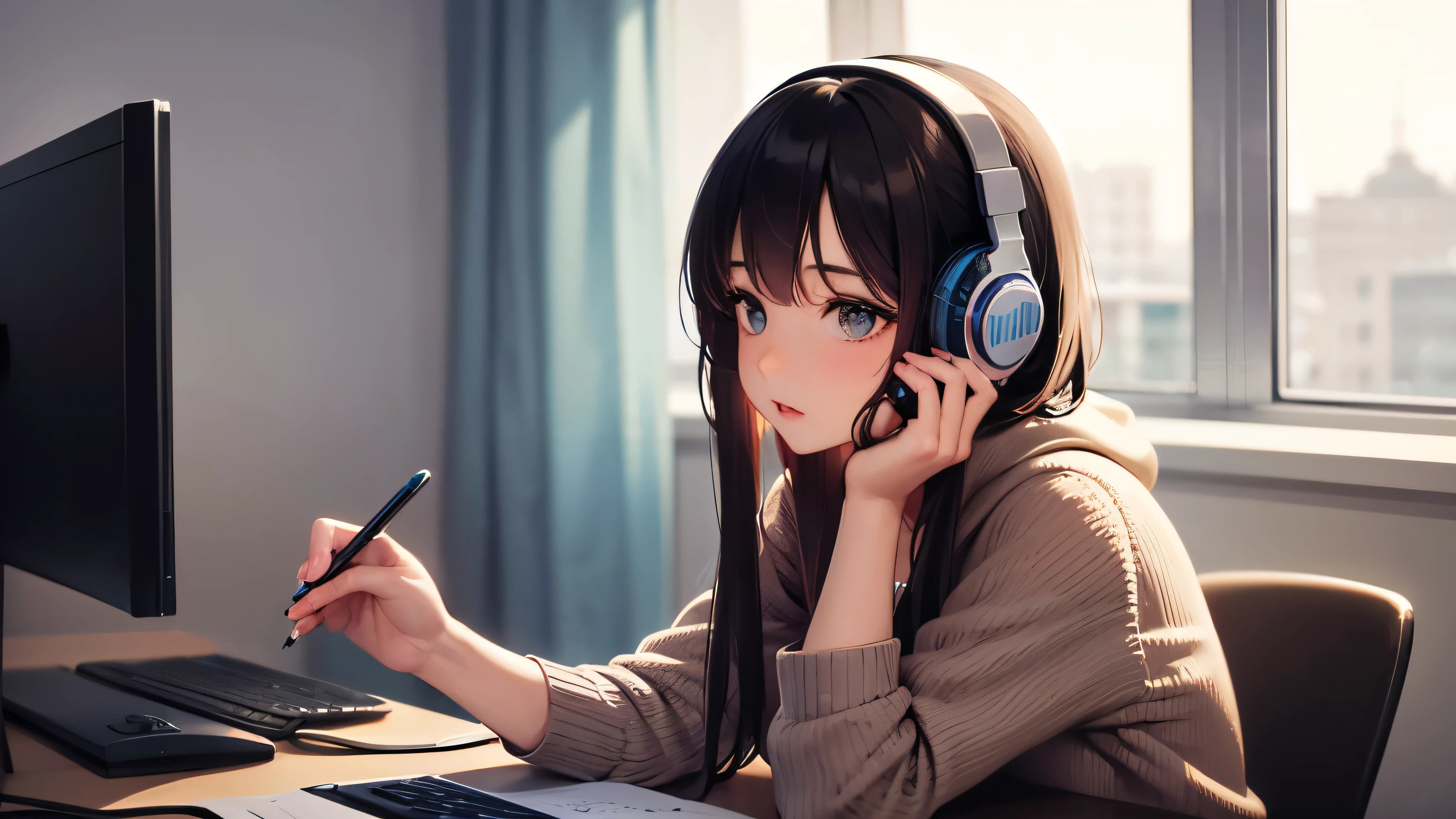 Une femme qui conçoit sur un ordinateur de bureau tout en écoutant de la musique avec des écouteurs dans sa chambre
