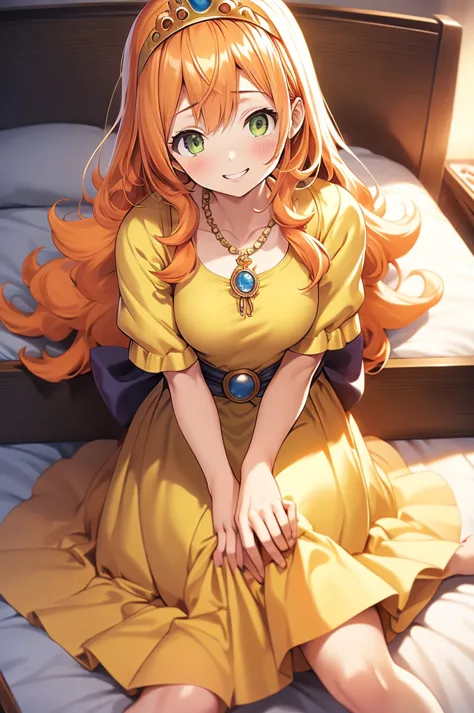 browsing caution, masterpiece, highest quality, dq laura, tiara, orange hair, long hair, big , teeth, necklace, yellow dress, el...