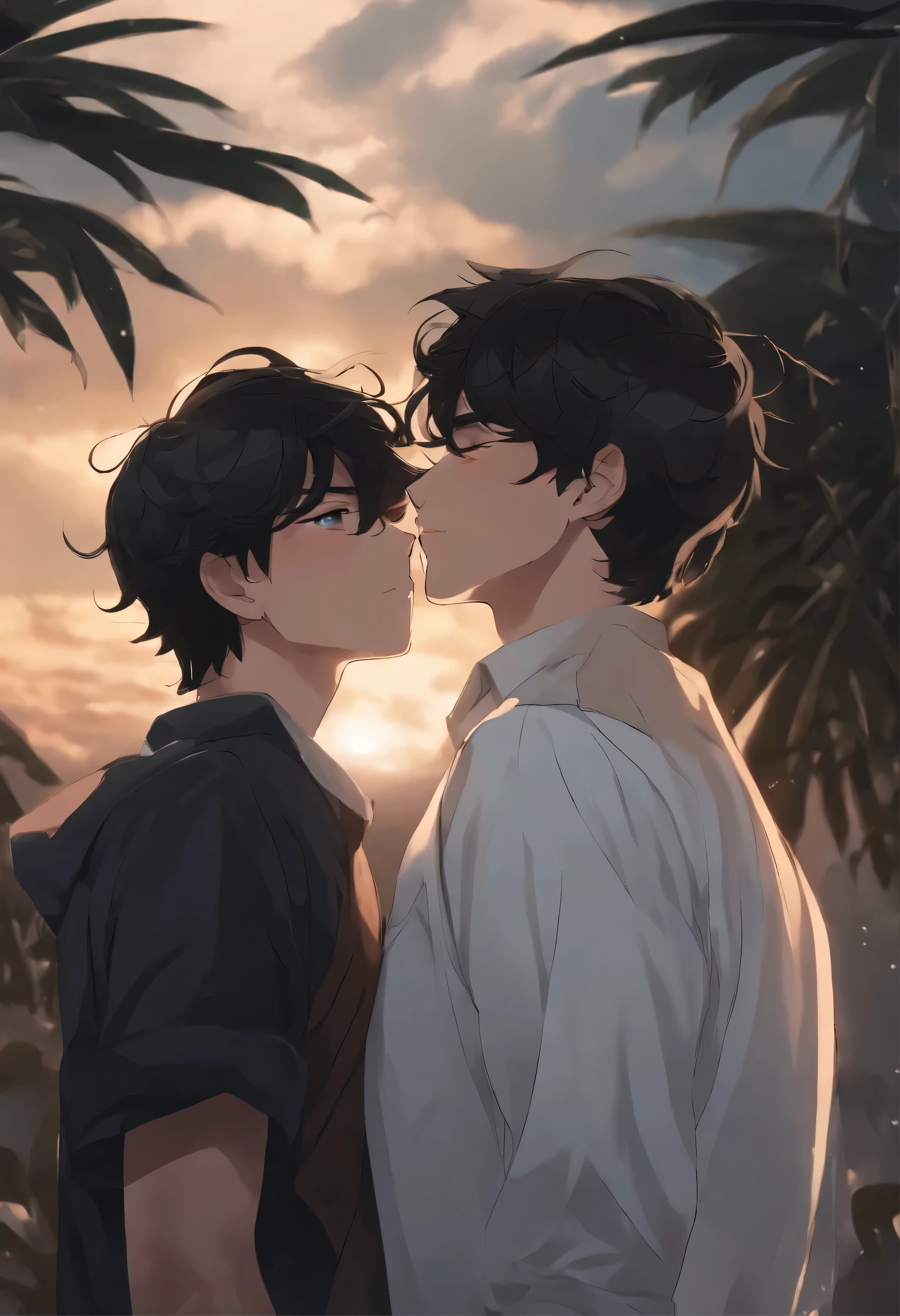 Two anime guys kissing in front of a sunset - SeaArt AI