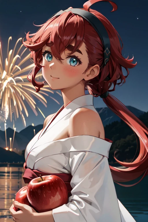 masterpiece, best quality, ultra detailed, highres, extremely detailed CG unity 8k wallpaper, perfect lighting,  very detailed background, beautiful and aesthetic,sharp focus, perfect face, dynamic pose, dynamic angle,
1girl, upper body, (portrait:1.1), multicolored yukata, kanzashi, looking at viewer,  full-face blush, from side, from below, smile,
night, dark sky, misty lake, mountainous horizon, break,aerial fireworks,  (Full of sky fireworks:1.2),
Shoulder Bare、Off the shoulder、(Holding red apple candy:1.2)、
(sulleta mercury, ahoge, aqua eyes, black hairband, dark skin, dark-skinned femaile, hair between eyes, hairband, long hair, low ponytail, red hair, swept bangs, thick eyebrows,)