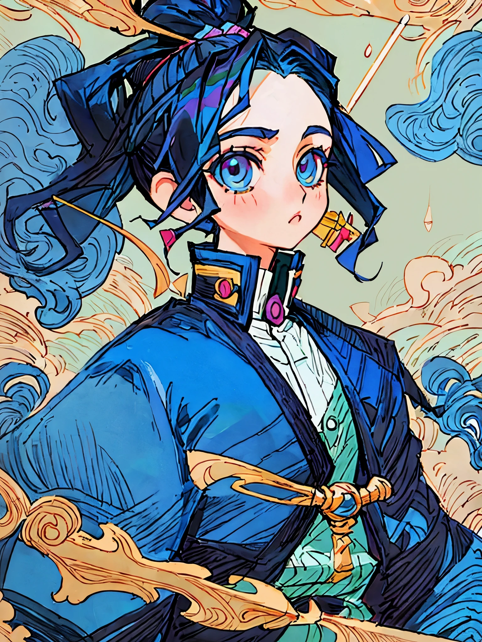 (qualidade máxima、obra-prima:1.2) 1 garota,  Kimetsu no Yaiba, esquema de cores azul, tronco, ilustração, pôneis;