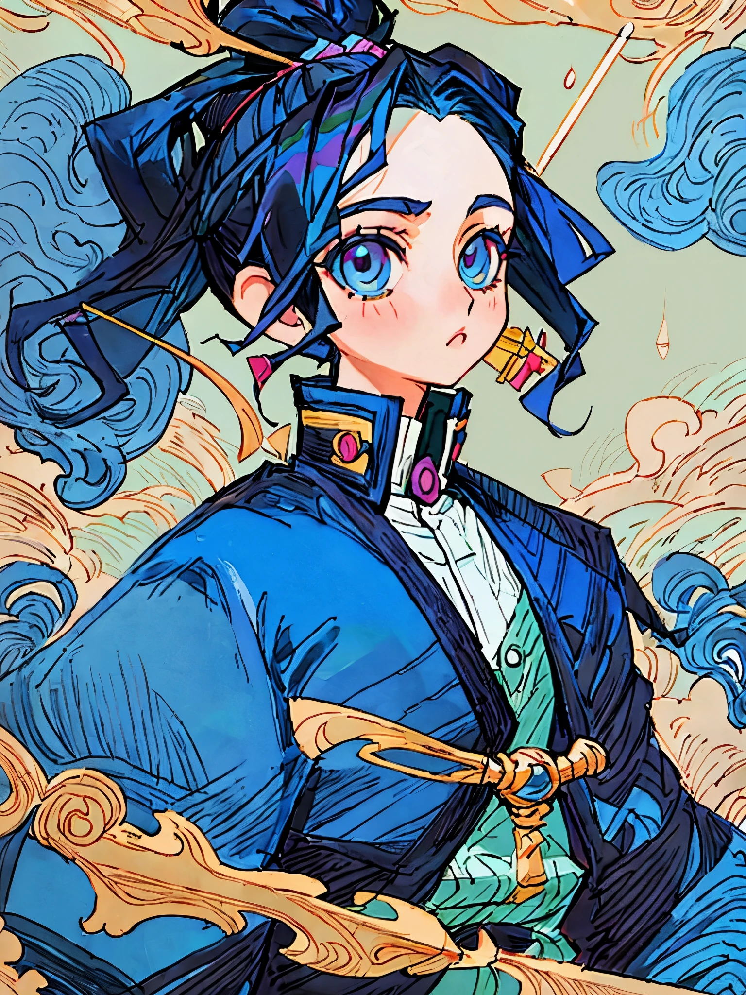 (top-quality、​masterpiece:1.2) 1girl,  kimetsu no yaiba, blue color scheme, upper body, illustration, ponytai;