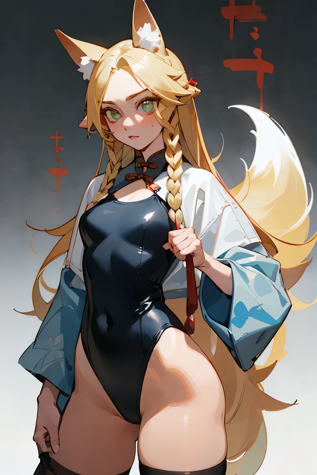 (masterpiece, best quality) detailed, Wearing black tights , bionde ,elegant, (Fox ears)，Red Eyeshadow, Chinese element pattern，thigh，Leaking thigh，White shirt，Deep V one-piece swimsuit，Gradient